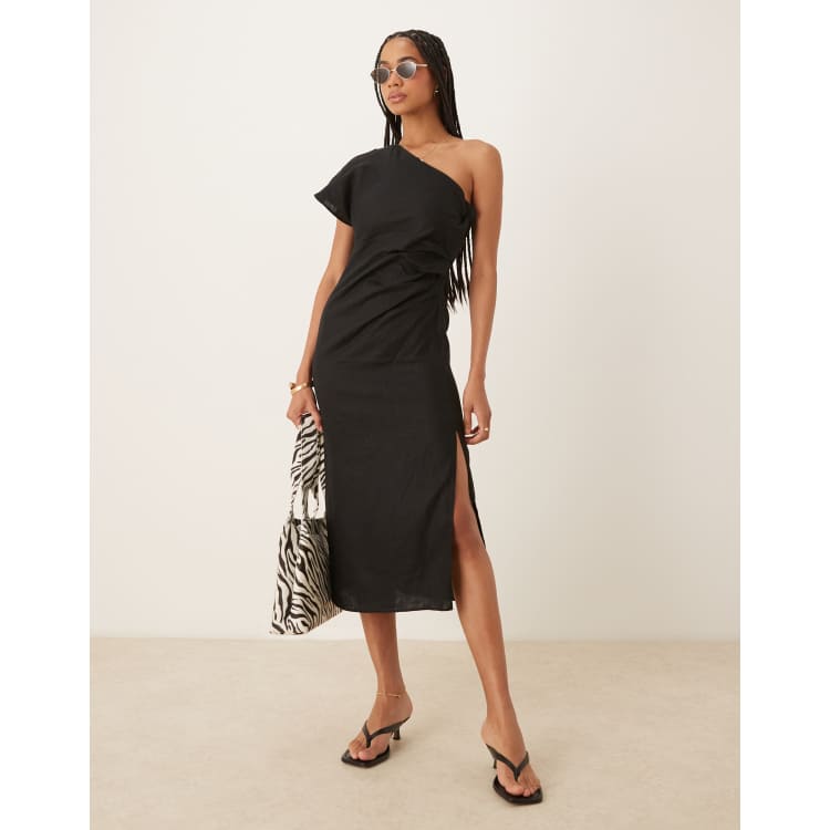 Mango one shoulder ruched waist linen dress in black | ASOS