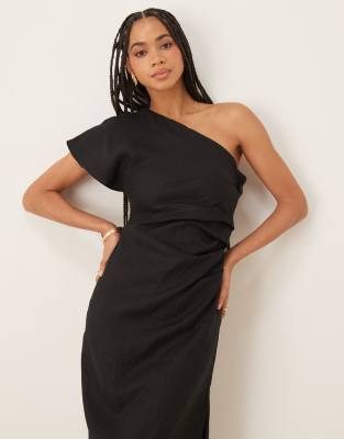Shop Mango One Shoulder Ruched Waist Linen Dress