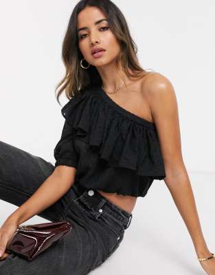 one shoulder black ruffle top