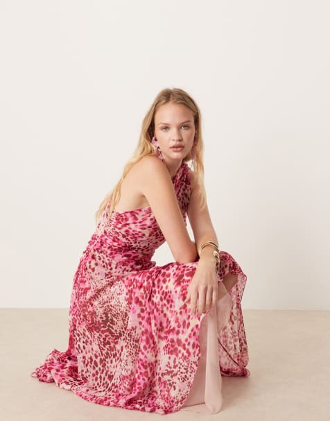 Mango one shoulder ruffle detail maxi dress in pink animal print - view 1