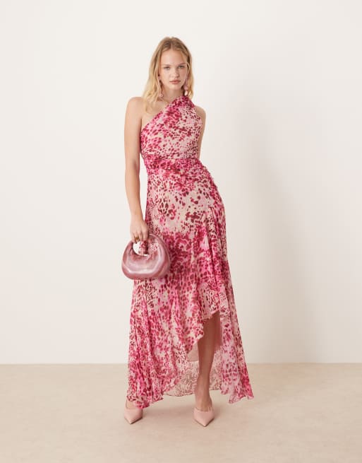 Mango one shoulder ruffle detail maxi dress in pink animal print | ASOS