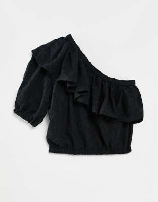one shoulder ruffle top black