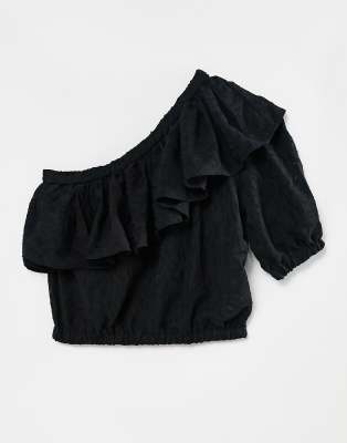 one shoulder ruffle top black