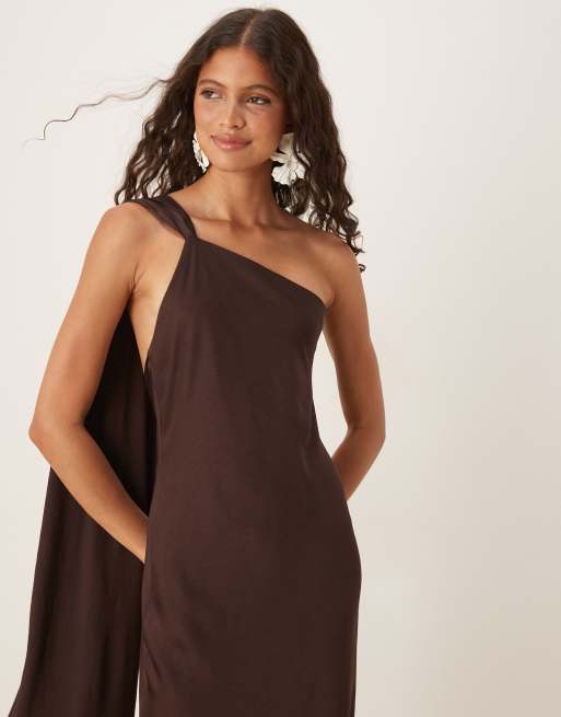 Mango one shoulder satin dress in brown 
