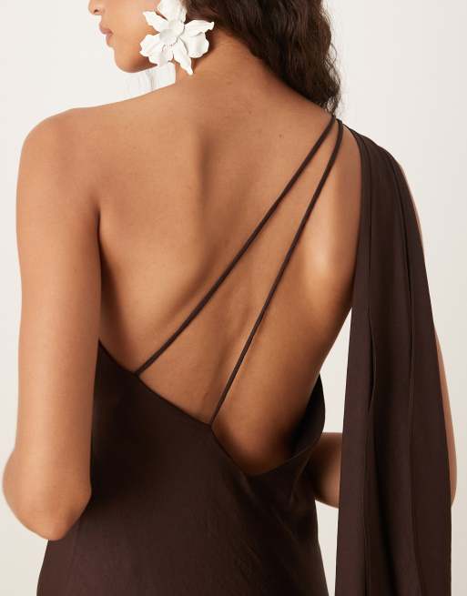 Mango one shoulder satin dress in brown 