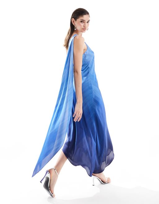 Mango one shoulder satin midi dress in light blue