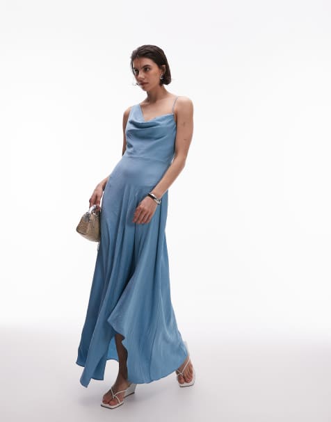 Mango one shoulder satin midi dress in light blue - view 1