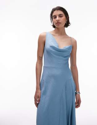 Shop Mango One Shoulder Satin Midi Dress In Blue