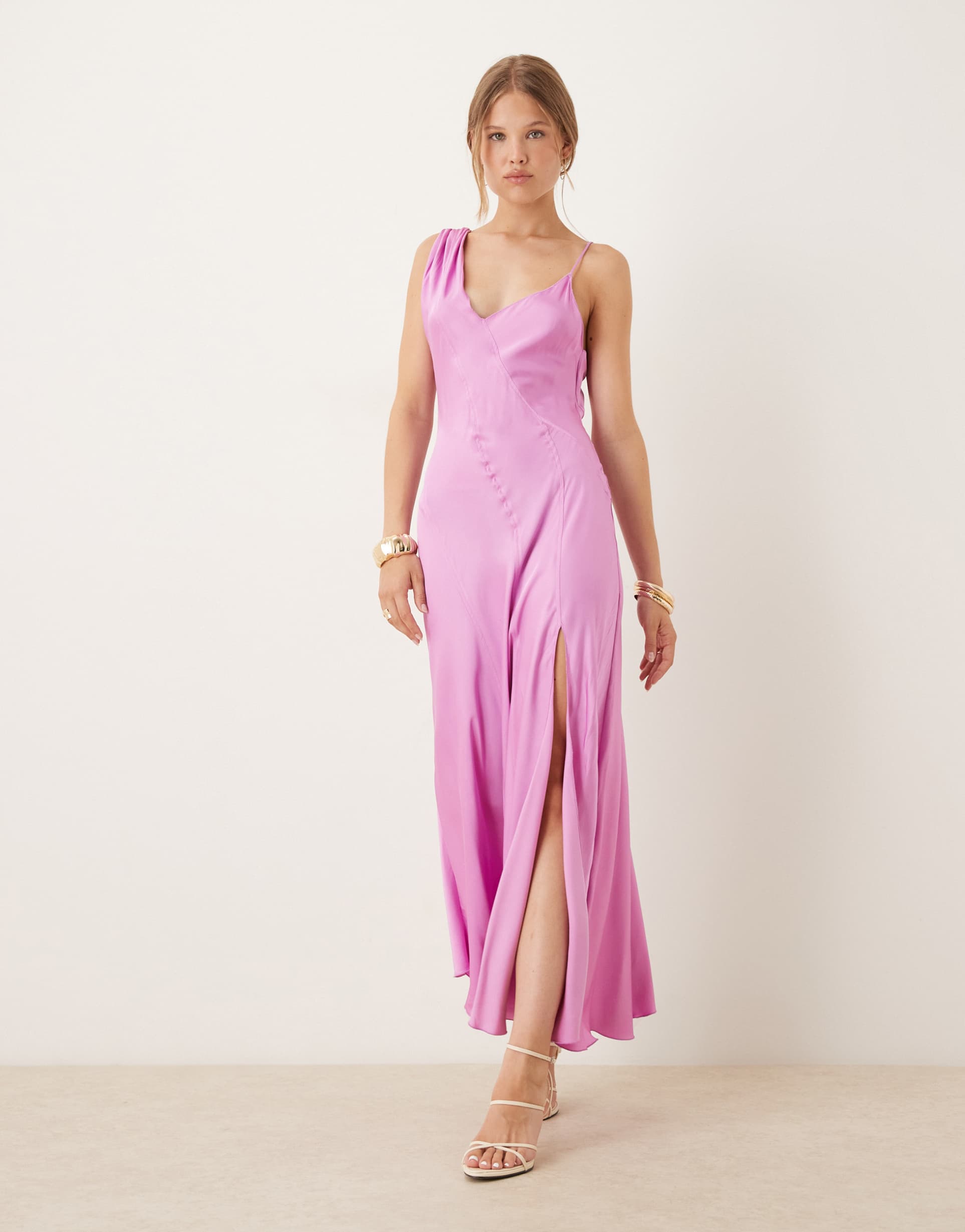 mango one shoulder satin midi dress with side split in pink