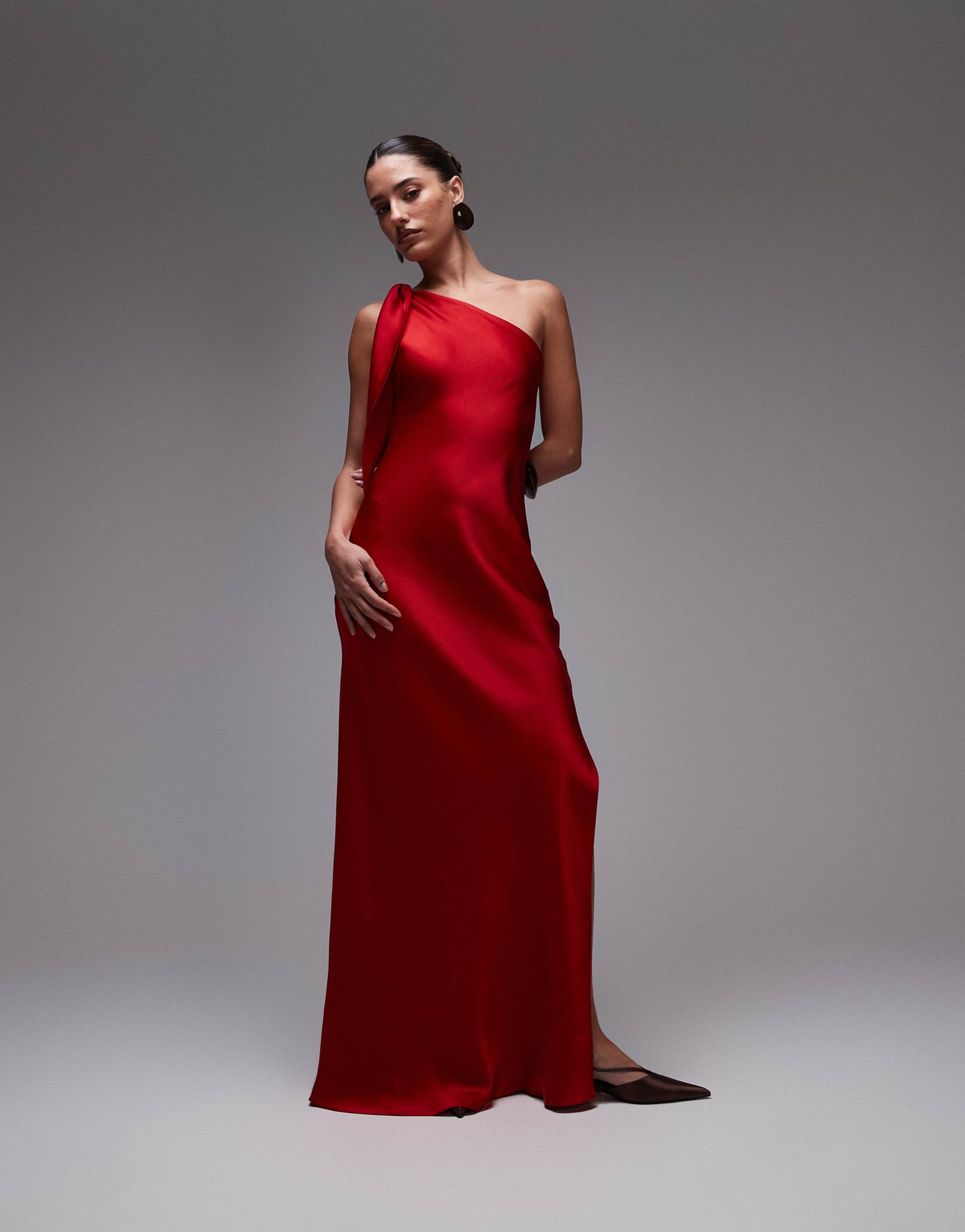 mango one shoulder satin side slit maxi dress in red