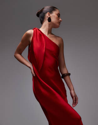 Shop Mango One Shoulder Satin Side Slit Maxi Dress In Red