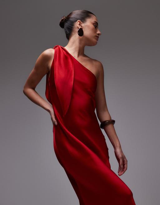 Mango one shoulder satin side split maxi dress in red | ASOS