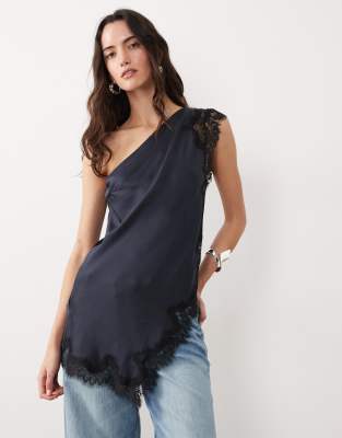 Mango One Shoulder Sleeveless Asymmetric Satin Top With Lace Trim In Black