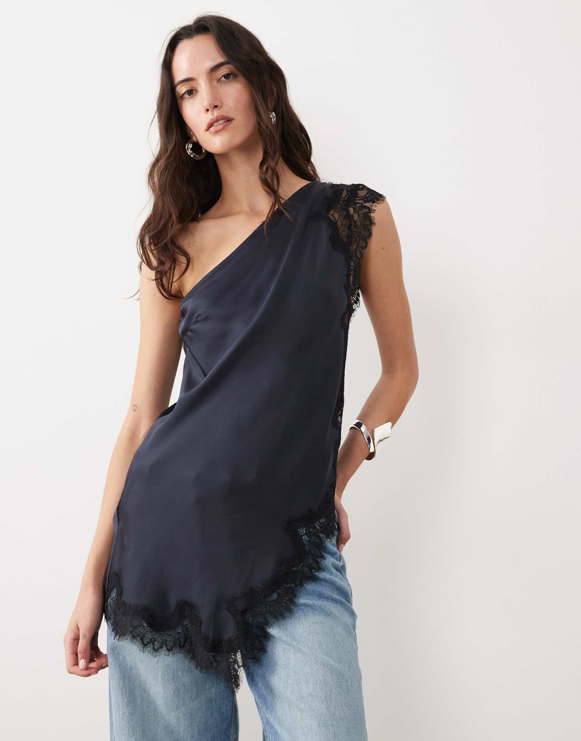 mango one shoulder sleeveless asymmetric satin top with lace trim in navy