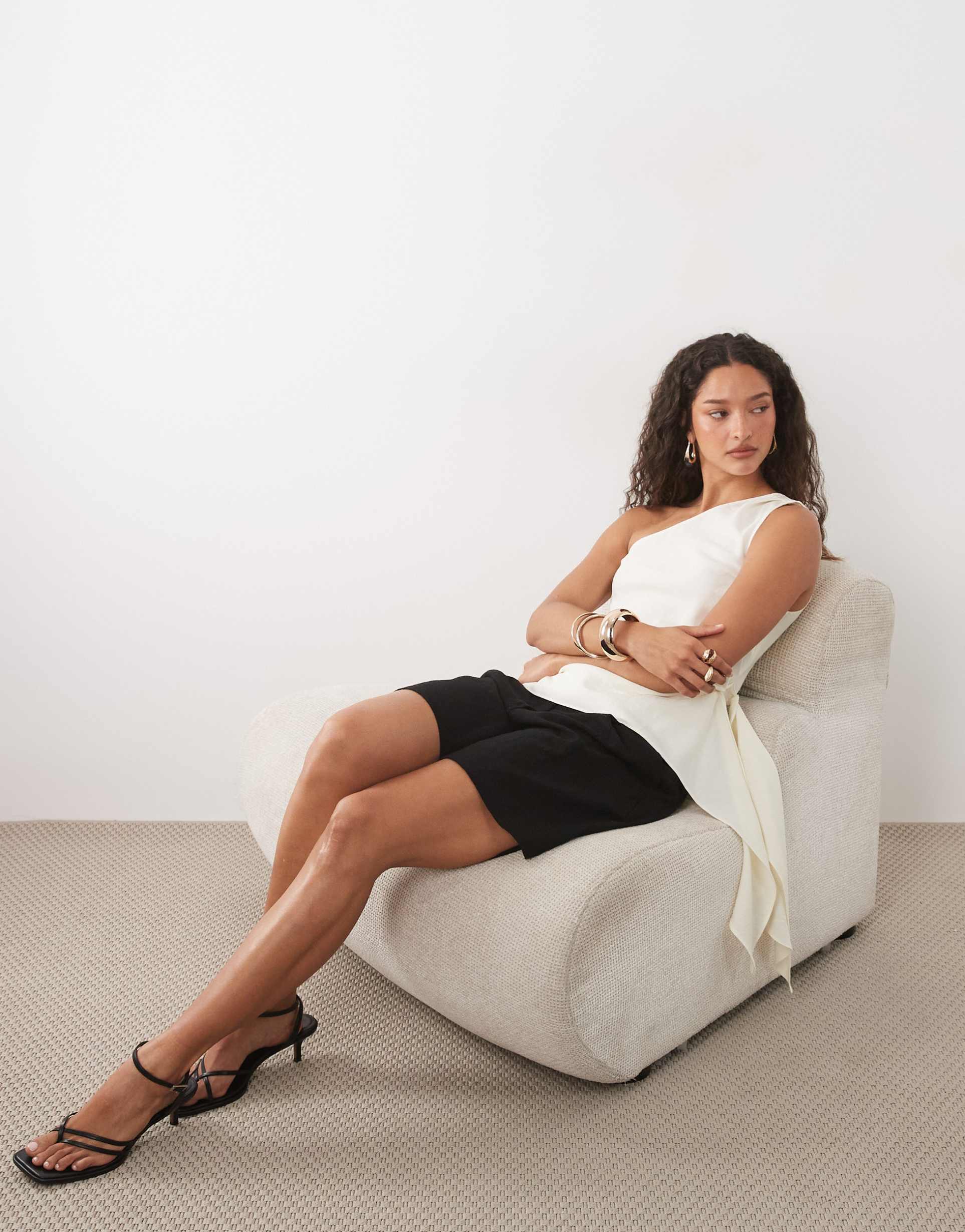 mango one shoulder sleeveless top with tie waist in cream