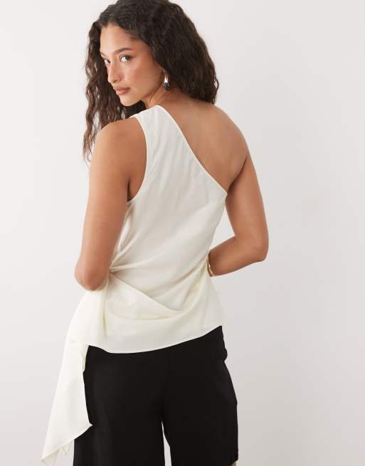 Mango one shoulder sleeveless top with tie waist in cream, 3 of 4
