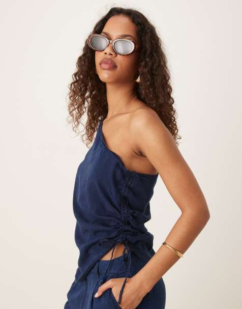 Mango one shoulder soft denim top with cinched waist co-ord in indigo