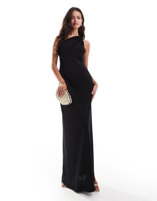 Mango One Shoulder Split Side Maxi Dress In Black