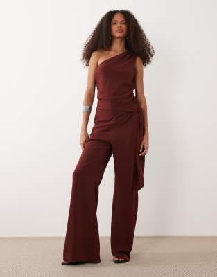 Mango One Shoulder Tie Waist Jumpsuit In Brown