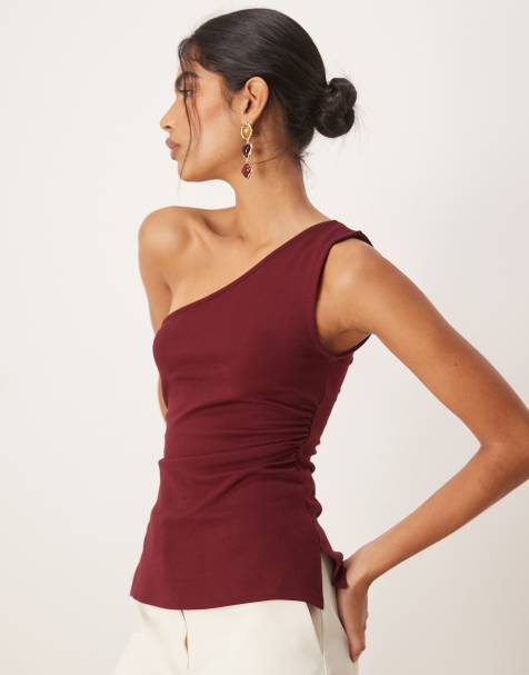 Mango one shoulder top with ruched side detail in burgundy - view 1
