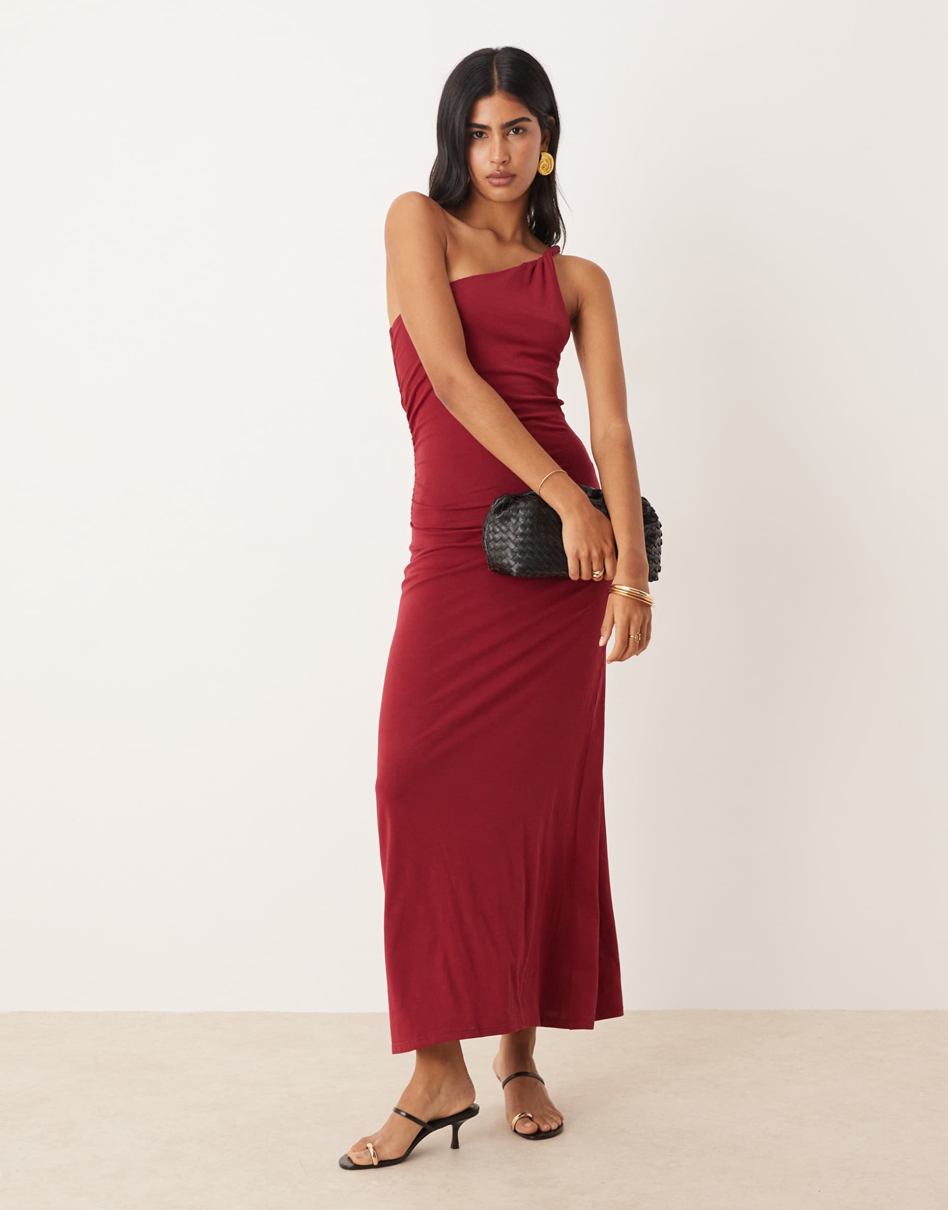 mango one shoulder twisted strap detail maxi dress in burgundy