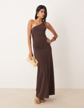 ASOS DESIGN ribbed one-shoulder neck scarf midi dress in chocolate