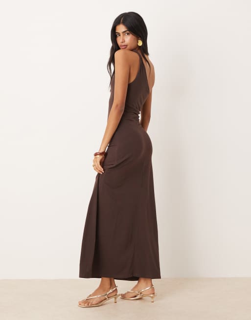 Mango one-shoulder twisted strap detail maxi dress in chocolate brown | ASOS