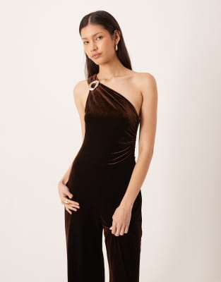 Mango One Shoulder Velvet Jumpsuit In Brown