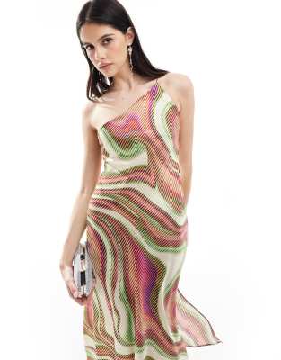 Mango one shoulder wave print midi dress in pink