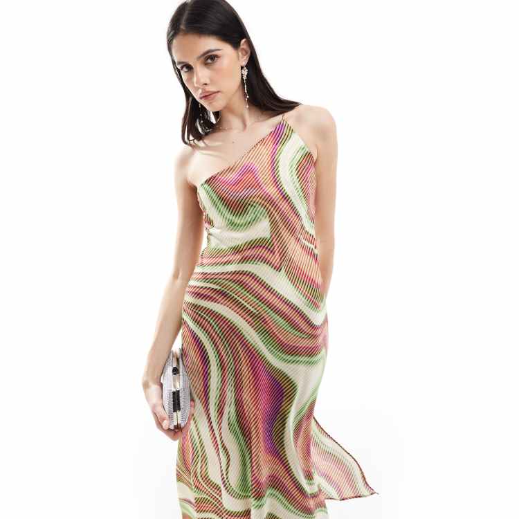 Mango one shoulder wave print midi dress in pink ASOS