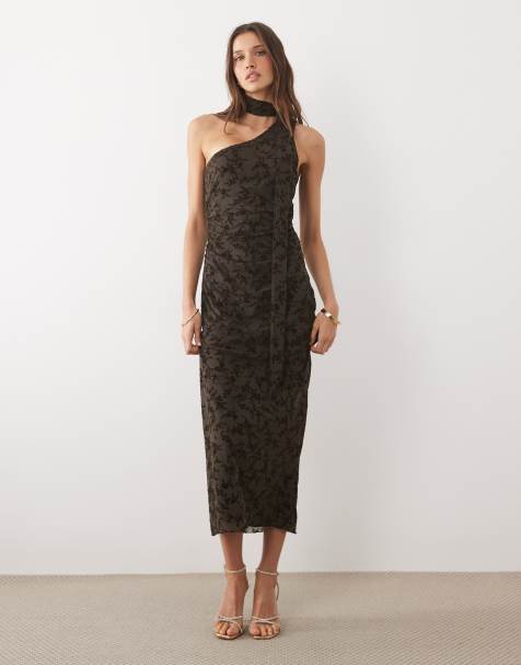 Mango one sleeve velour midi dress with neck detail in brown - view 1