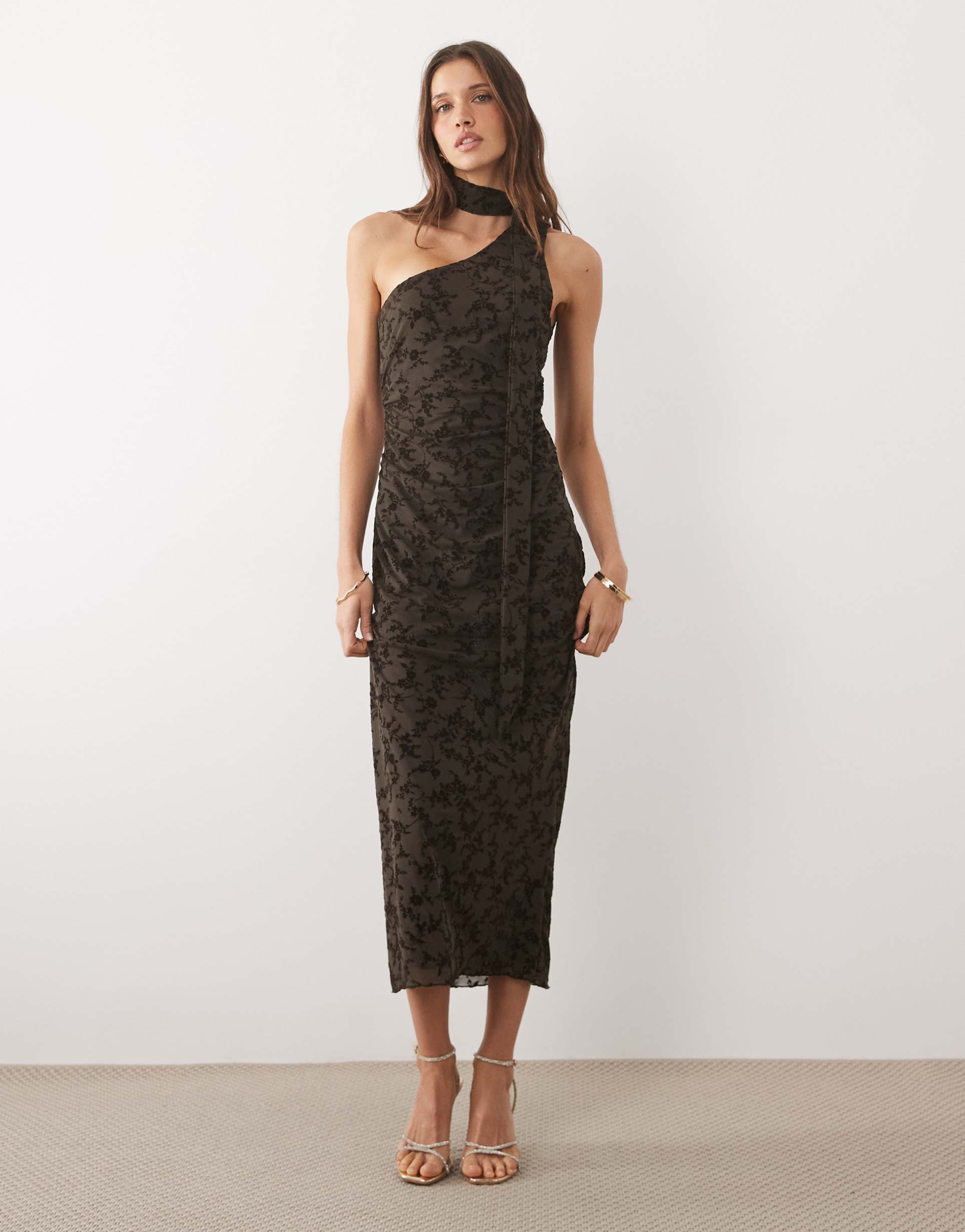 mango one sleeve velour midi dress with neck detail in brown