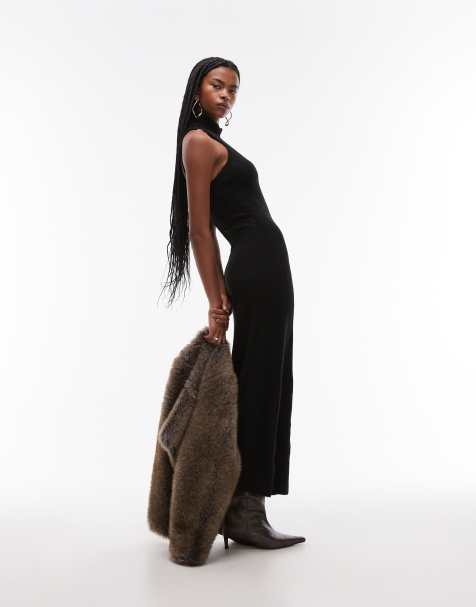 Mango open back high neck knitted maxi dress in black - view 1