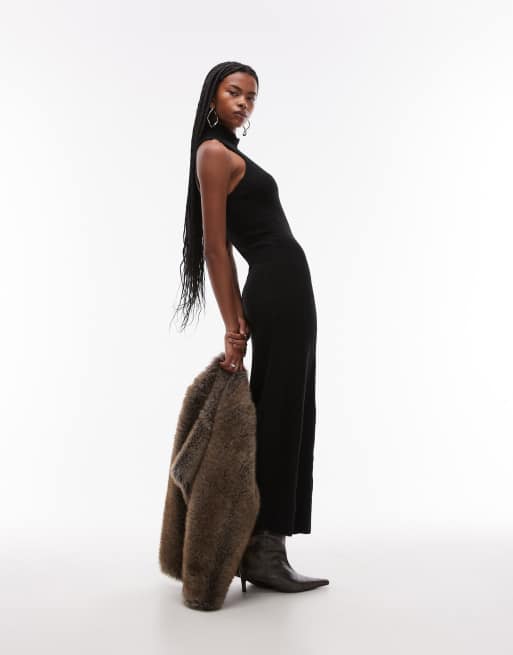 Mango open back high neck knitted maxi dress in black