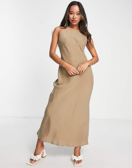 Mango open back racer neck midi dress in tan ASOS