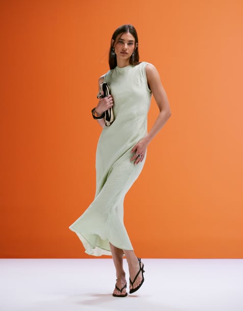Mango open back satin midi dress in sage green - view 1