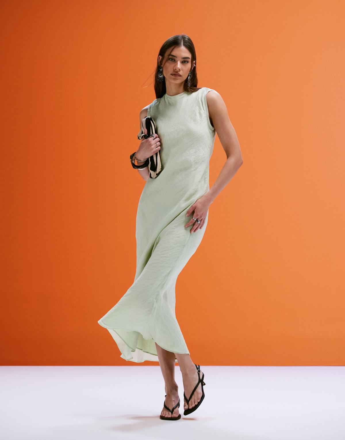Mango open back satin midi dress in sage green
