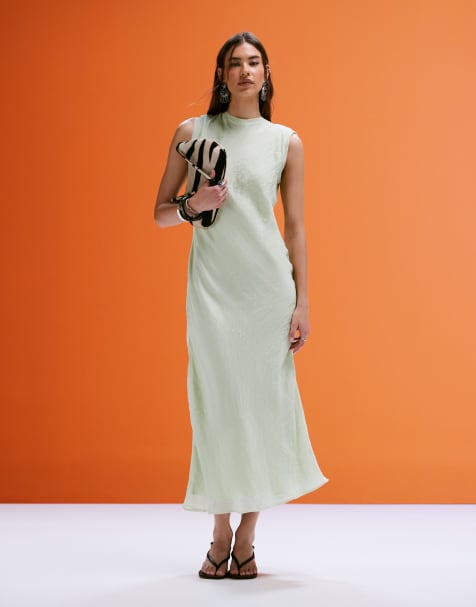 Mango open back satin midi dress in sage green - view 1