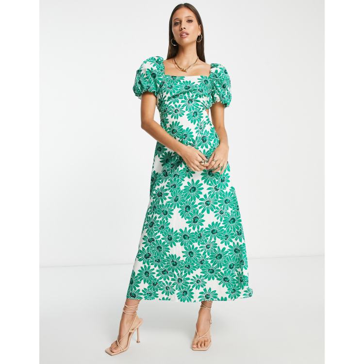 Mango open back square neck midi dress in green floral print | ASOS