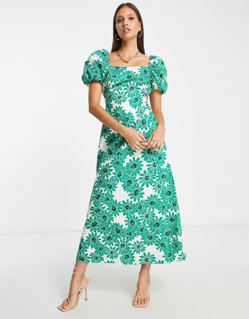 Mango open back square neck midi dress in green floral print | ASOS