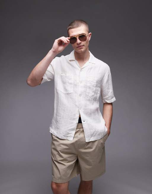 Mango open collar short sleeve linen mix shirt in white | ASOS