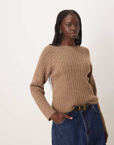 Mango open knit jumper in light brown