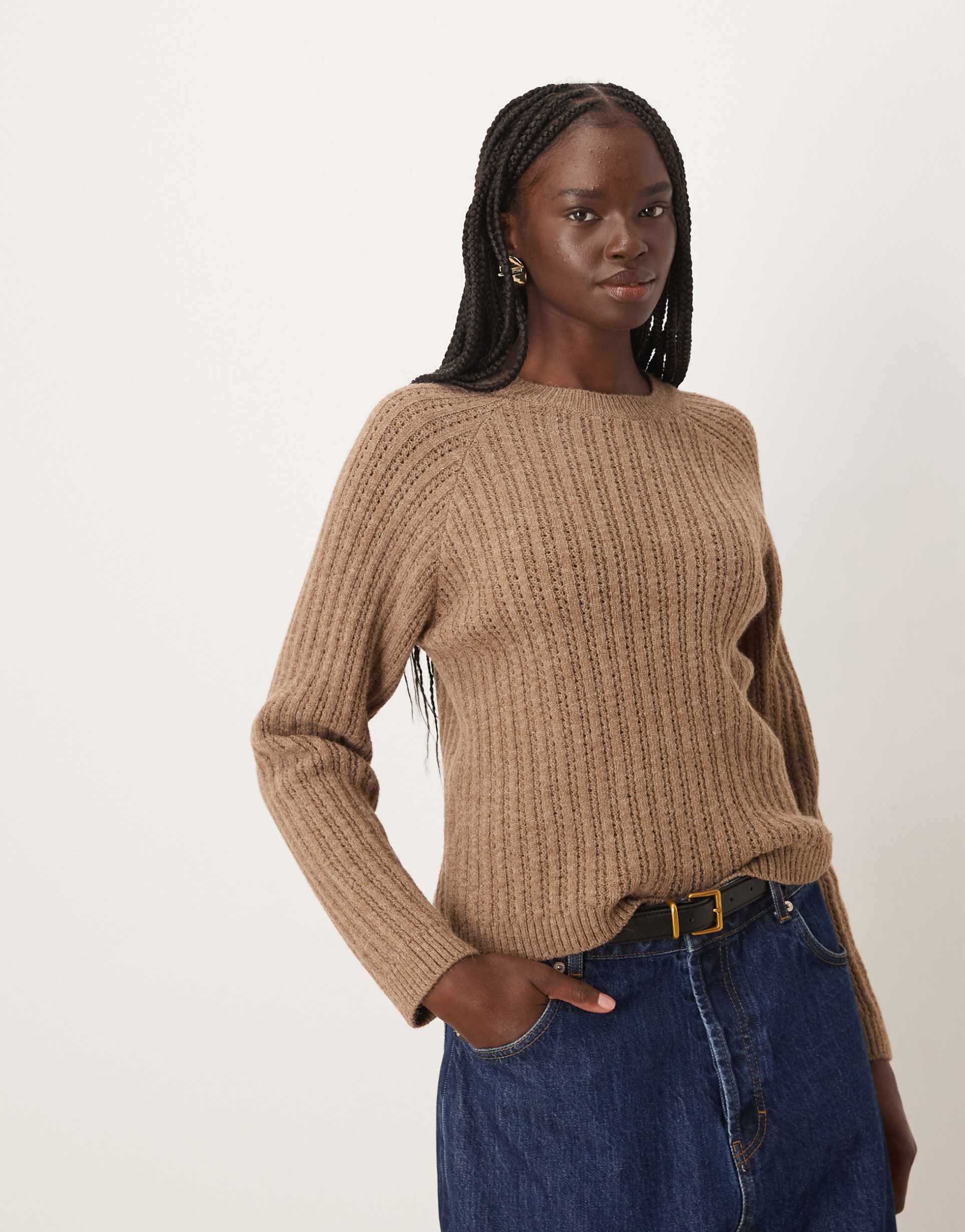 mango open knit sweater in light brown
