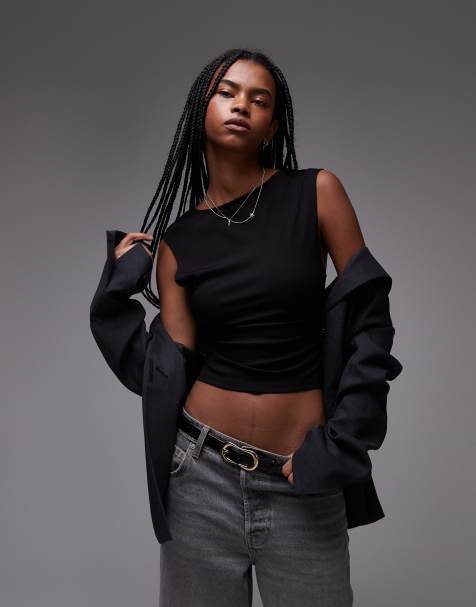 Mango open low back t-shirt in black - view 1