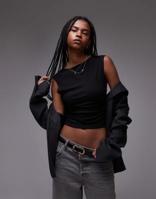 mango open low back t-shirt in black