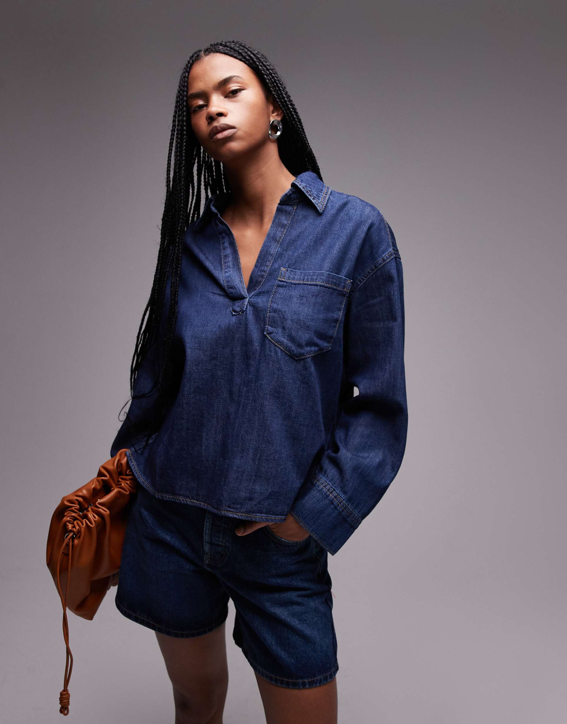 mango open neck denim overshirt in dark blue