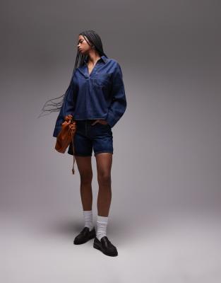 Mango Open Neck Denim Overshirt In Blue