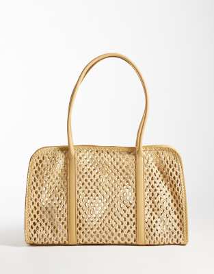 Mango Open Weave Shoulder Bag In Neutral