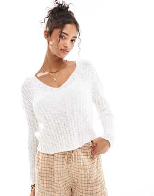 Mango Open Weave V Neck Sweater In White