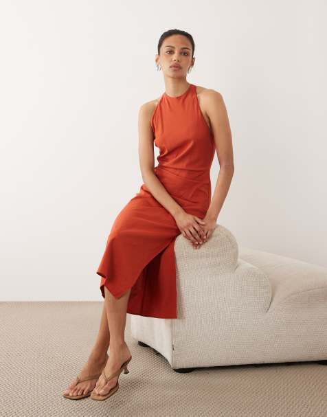 Mango – Orange ärmlös klänning med halterneck och draperad detalj - view 1